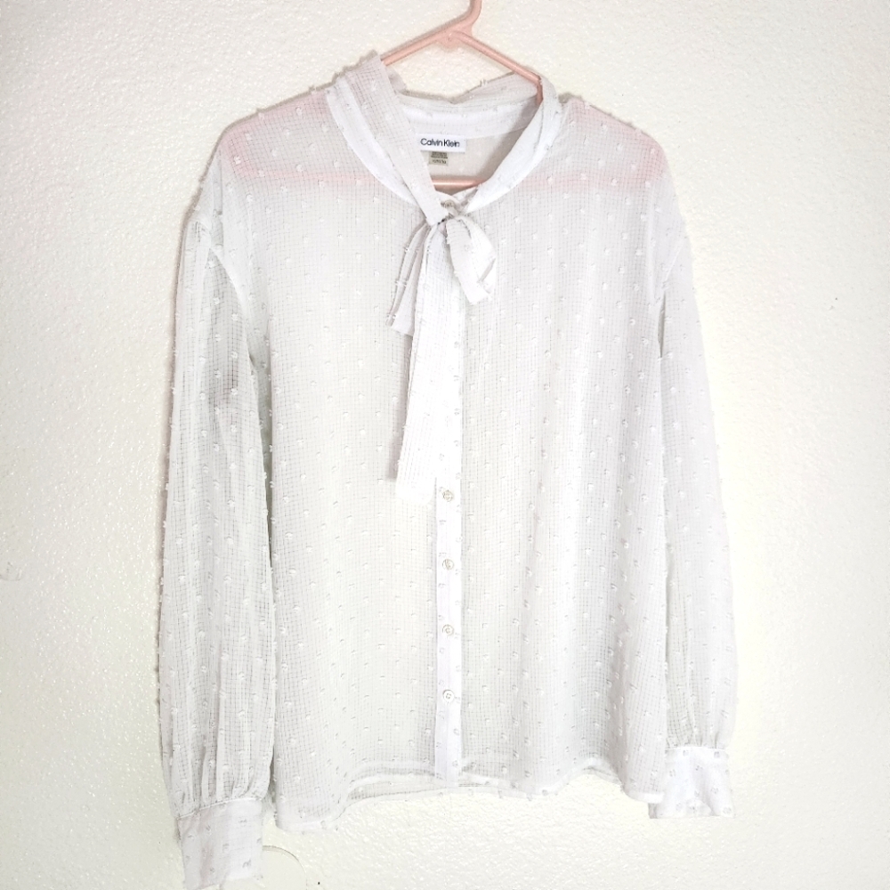 🔥Calvin Klein White Textured Tie Neck Pussybow Blouse Semi Sheer Lined Sz XL